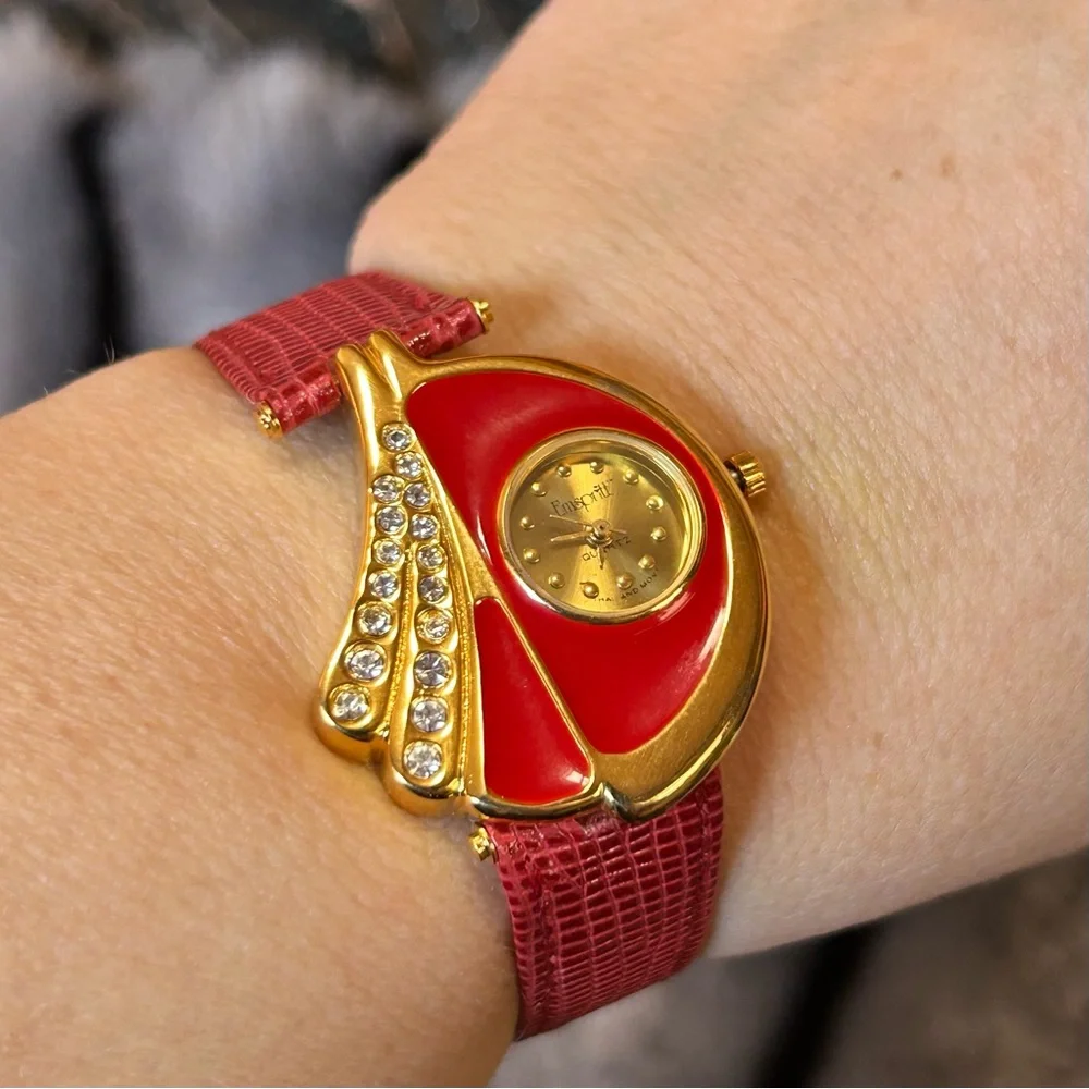 Rare Vintage 80s Emspritt red croc genuine leather band watch